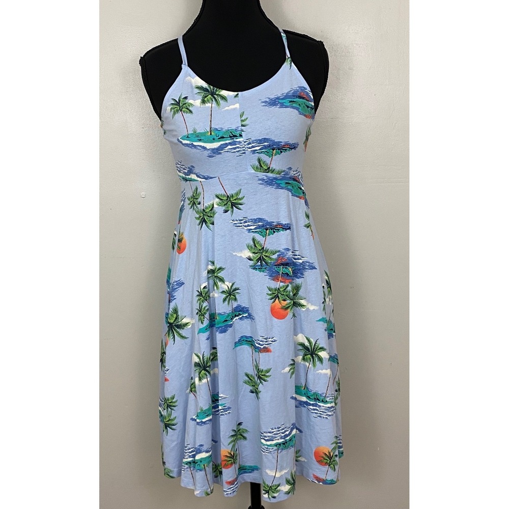 Old Navy Cami Dress Girls XL 14 Blue Tropical Palm Tree Island Summer Vacation